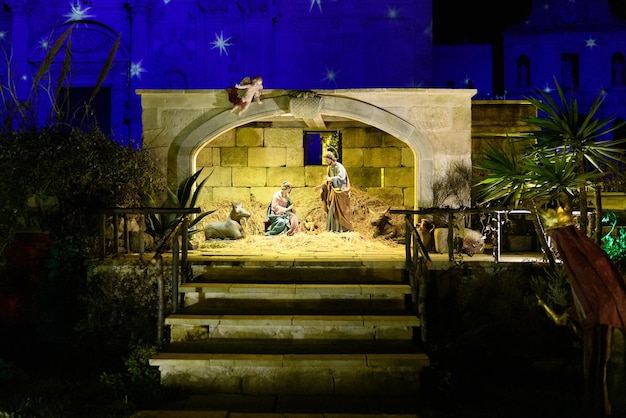 Christmas Nativity scene in the square in Lecce Apulia Italy Italian crib called presepe napoletano