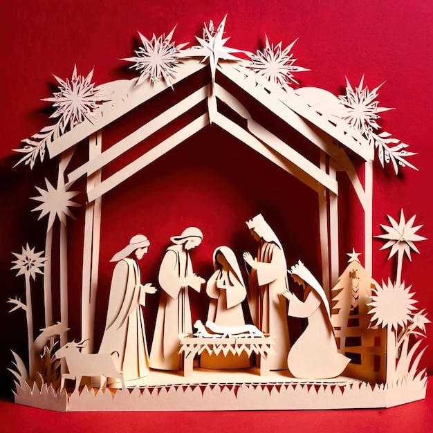 写真 クリスマス・ネイティブ・シーン (christmas nativity scene) は伝統的な紙のデザインで手作りで作られた伝統的なペーパーカットペーパーです