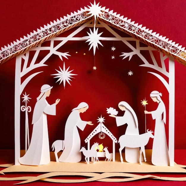 写真 クリスマス・ネイティブ・シーン (christmas nativity scene) は伝統的な紙のデザインで手作りで作られた伝統的なペーパーカットペーパーです