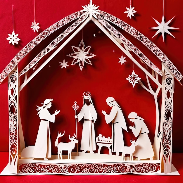 Photo christmas nativity scene traditional design made of paper traditional papercut paper crafted handm