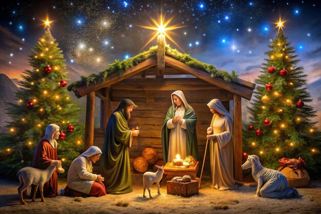 Christmas nativity scene with builder in the manger and builder in the background Premium AI generated image