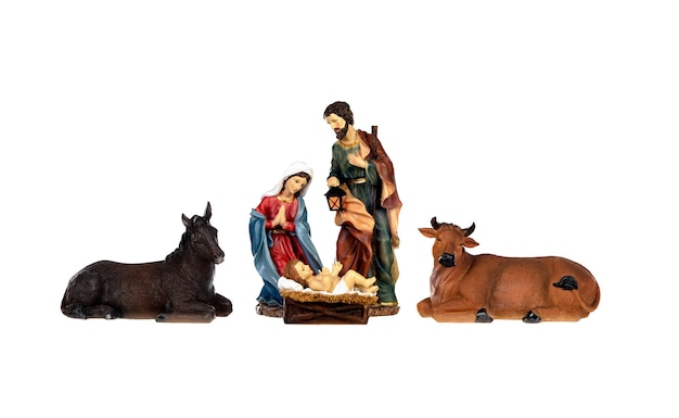 白い背景に分離された神聖な家族とのクリスマスのキリスト降誕のシーン