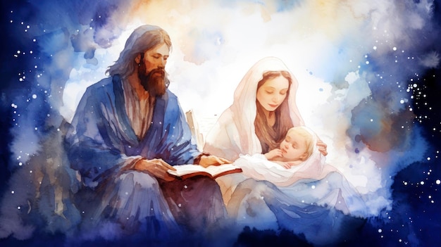 Christmas nativity scene with jesus and baby Jesus Watercolor painting Generative AI