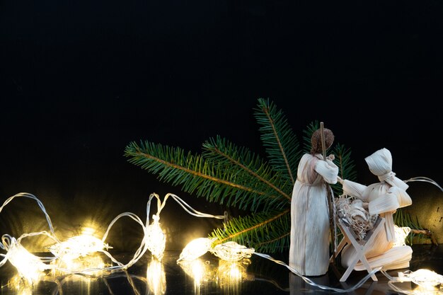 Christmas nativity scene with three Wise Men presenting gifts to baby Jesus, Mary Joseph Christmas card