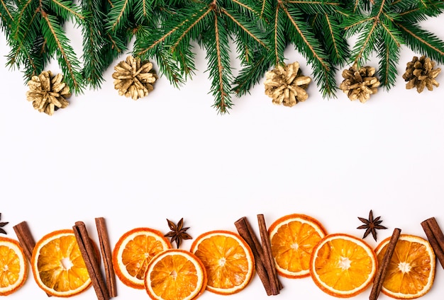 Christmas Nature Border of Fir Branches and Dry Oranges Slices