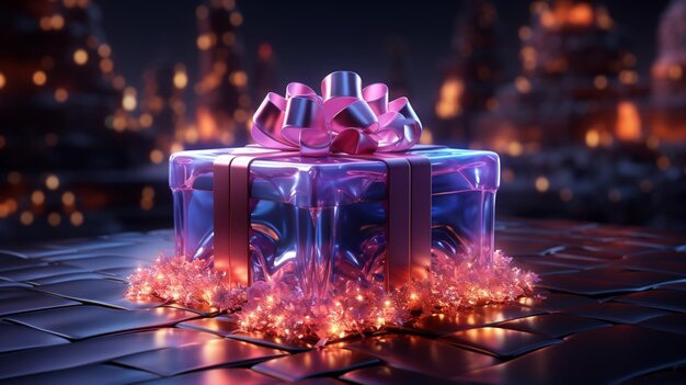 Christmas neon background with gift box