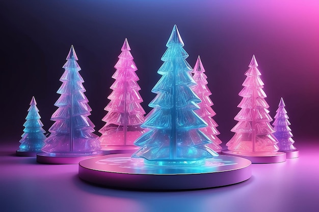 Photo christmas neon holographic pink blue purple 3d stage crystal glass christmas trees empty circle podium for cosmetics mockup ice abstract surreal dreamy showcase scene copy space front view