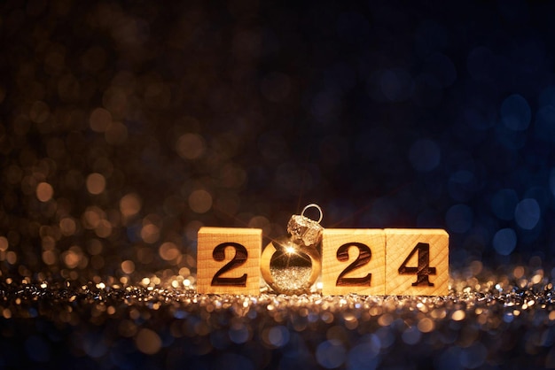 Foto natale anno nuovo 2024 su luci sfocate fondo festa celebrazione natale oro