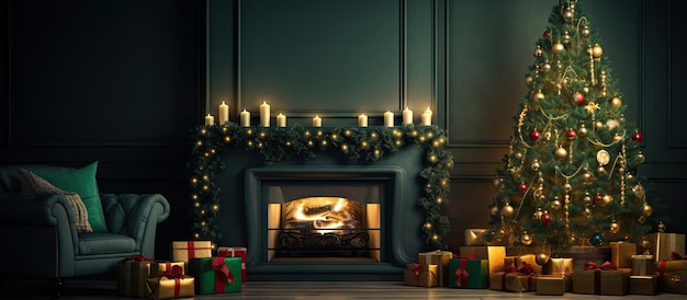 Christmas and New Year ambiance with a decorated green tree gifts garlands and a cozy fireplace