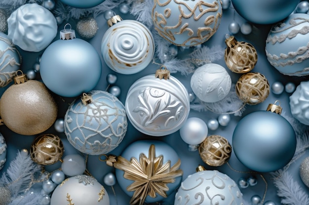 Photo christmas and new year arrangement of patterned white blue golden christmas balls on blue xmas decorations holiday card top view horizontal format generated ai