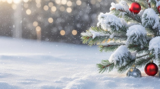 クリスマスと新年の背景赤いボールと雪で覆われたクリスマス ツリー