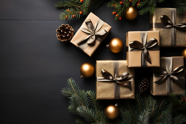 Рождество и Новый год фон подарочные коробки и сосновые конусы и ветви на фоне бока