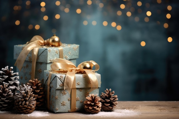 크리스마스와 새해 배경 선물 상자, 솔방울, 보케 화환 복사 공간 배경에 있는 나뭇가지