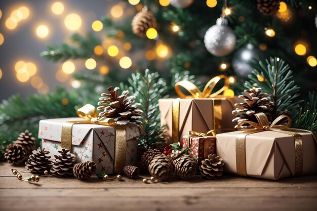 рождественский и новогодний фон подарочные коробки и сосновые шишки и ветви на фоне гирлянд боке