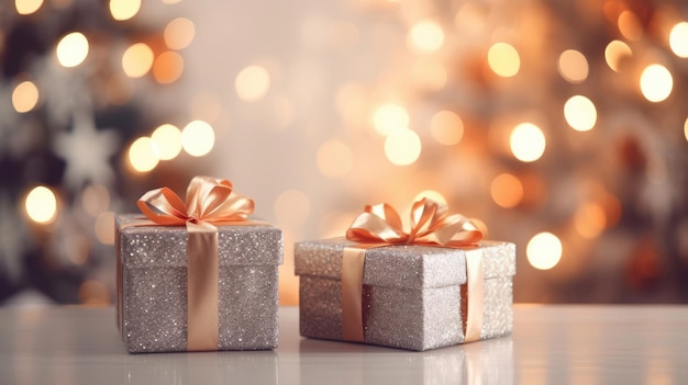 Рождественские и новогодние фоновые подарочные коробки и звезды возле украшенной елки