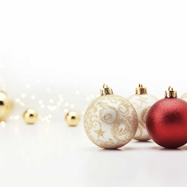Рождественский и новогодний фон Золотые и белые украшения на белом фоне