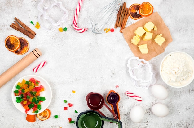 Foto sfondo di natale e capodanno con ingredienti da forno