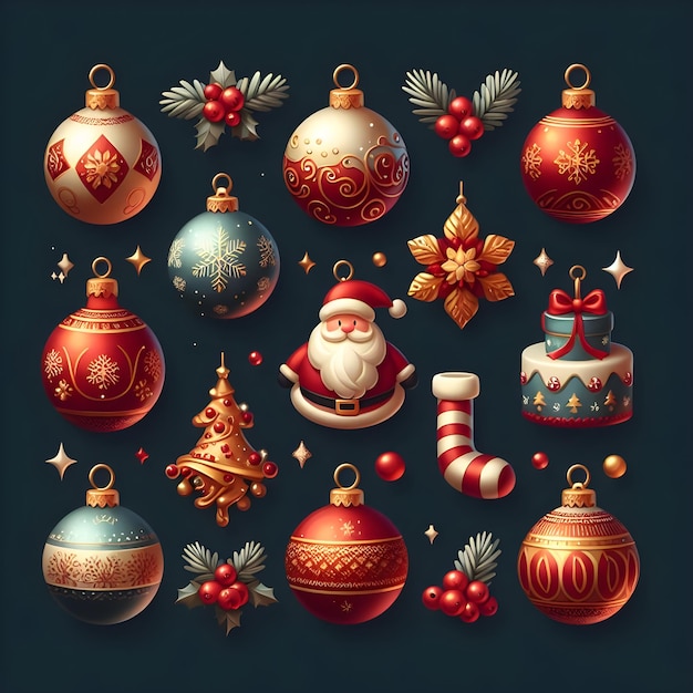 Christmas and New Year background with balls snowman candy canes snowflakes fir branches stars