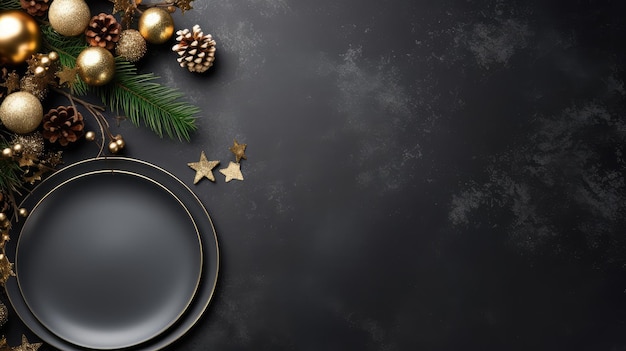 Christmas and New Year background with black plate golden christmas decorations and tree branches