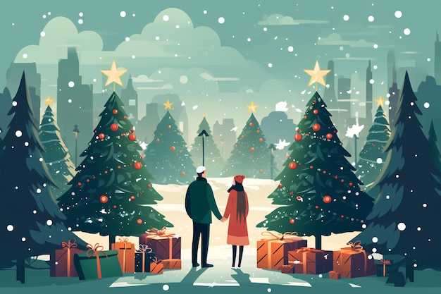 Christmas and New Year background with couple walking Winter scene with snow and christmas tree