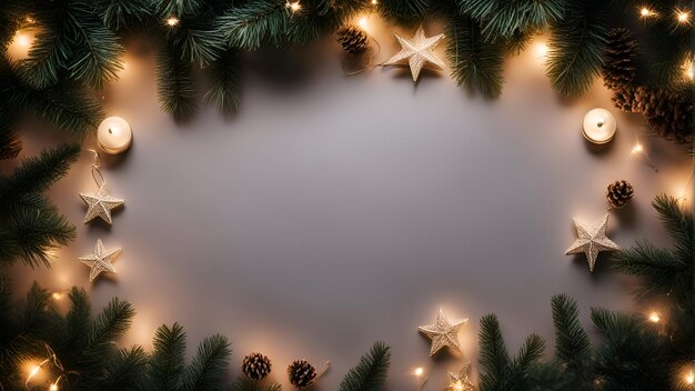 Christmas and New Year background with fir branches cones candles and stars Top view