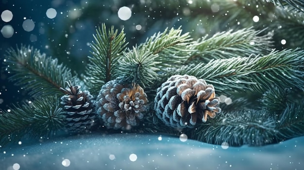Рождественский и новогодний фон с еловыми ветвями сосновыми конусами и снегом