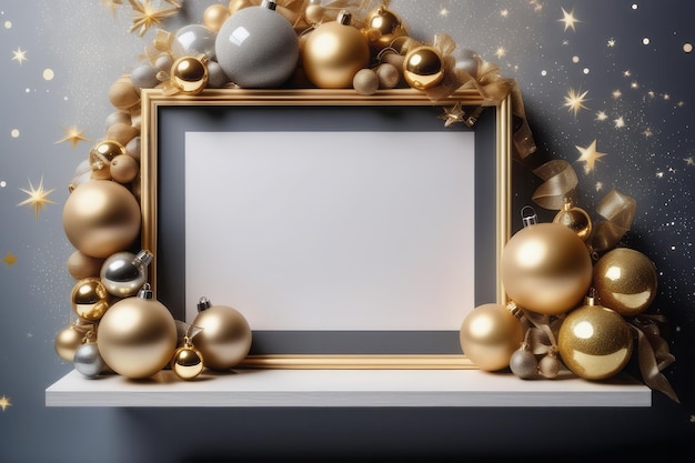 Christmas and new year background with gold balls stars and golden frame christmas and new ye