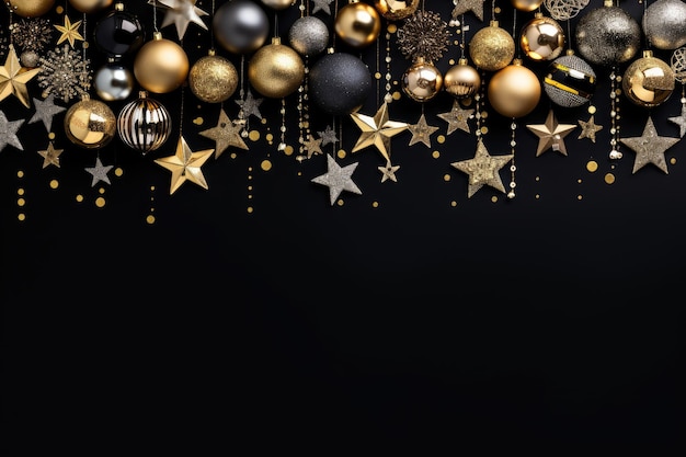 Christmas and New Year background with gold and black baubles stars and confetti