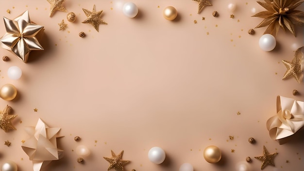 Christmas and New Year background with gold and white decorations Flat lay top view