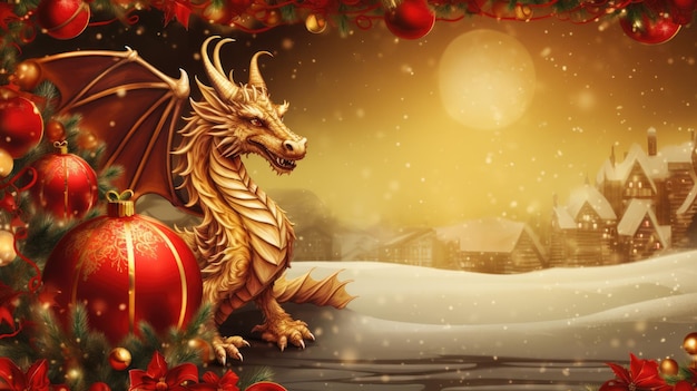 Christmas and New Year background with a golden dragon and a red ball