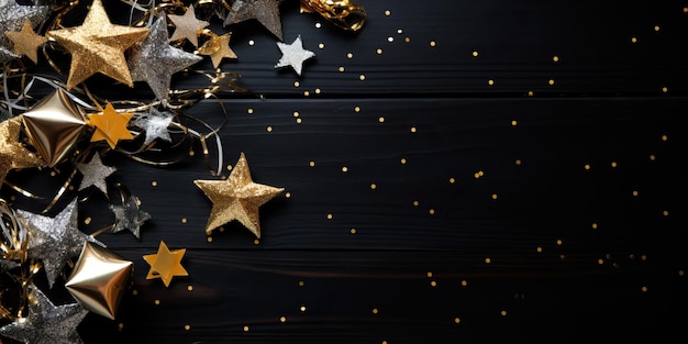 Christmas and New Year background with golden and silver stars on black wooden background