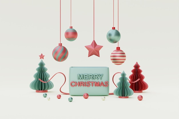 Christmas and New Year background with opened gift box and Xmas pine tree decoration for christmas 3d rendering