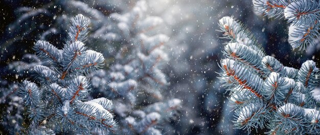 降雪時の暗い背景に雪に覆われたトウヒの枝とクリスマスと新年の背景