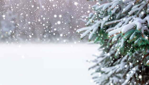 背景をぼかした写真に雪に覆われたトウヒの枝を持つクリスマスと新年の背景