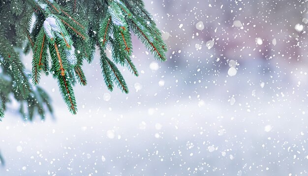 背景をぼかした写真に雪に覆われたトウヒの枝を持つクリスマスと新年の背景