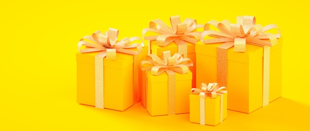 Christmas, new year, birthday yellow golden present boxes 3d rendering illustration