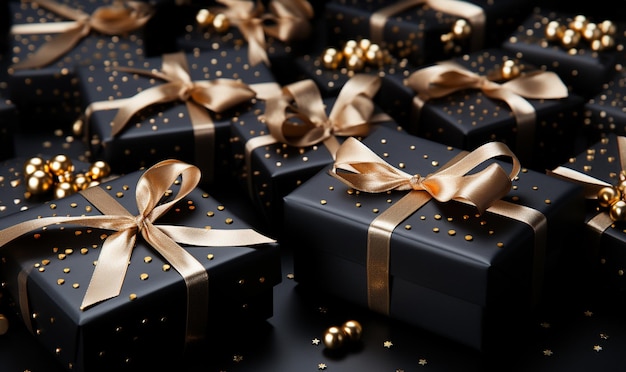 Christmas New Year black Christmas presents with gold decorationChristmas Flat Lay Background