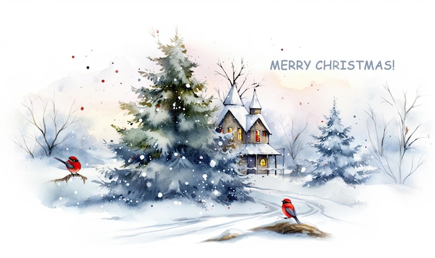 새와 나무가 있는 크리스마스와 새해 카드