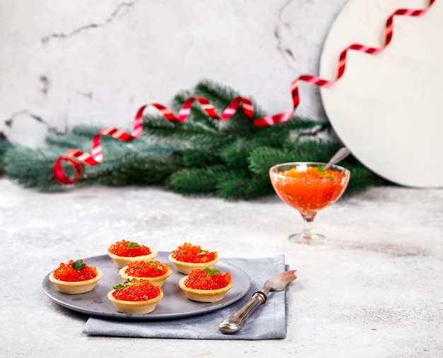 Christmas New Year composition Red Salmon Caviar