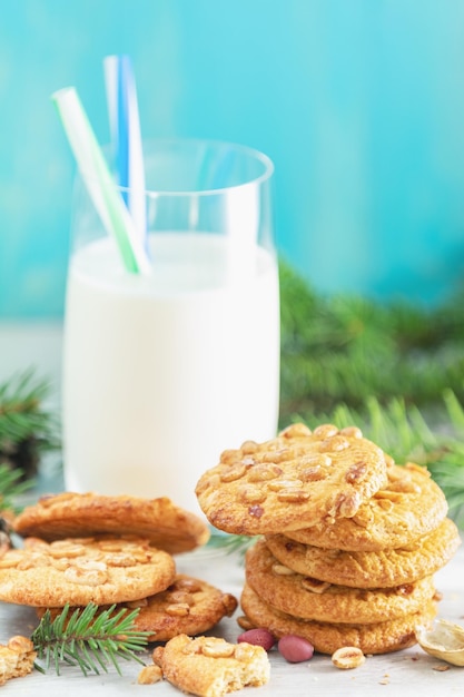 Christmas and New Year composition with delicious chocolate cookies and glass of milk