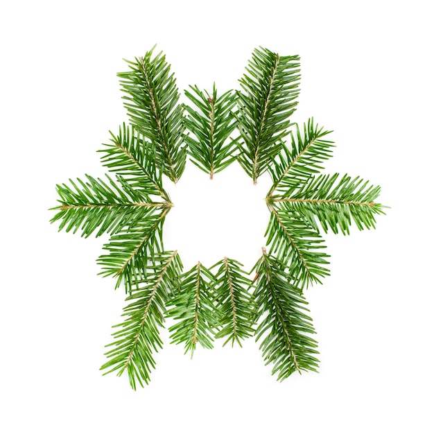 白い背景の上面図にモミの木の枝からのフレームとクリスマス新年の構成