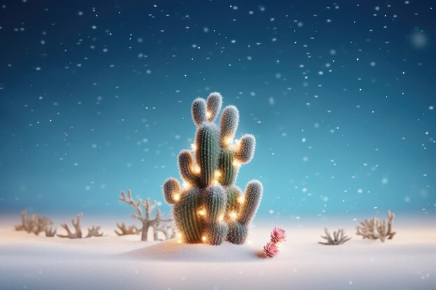 Photo christmas or new year concept single cactus decorated with christmas light garland in snowy field