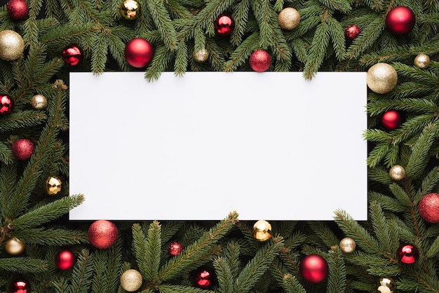 Christmas or New Year decoration background with copy space. Festive frame of fir branches and Christmas balls