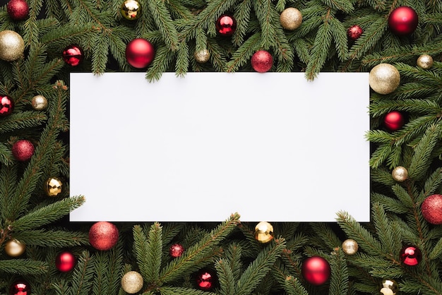 Foto fondo della decorazione del nuovo anno o di natale con lo spazio della copia. cornice festosa di rami di abete e palline di natale