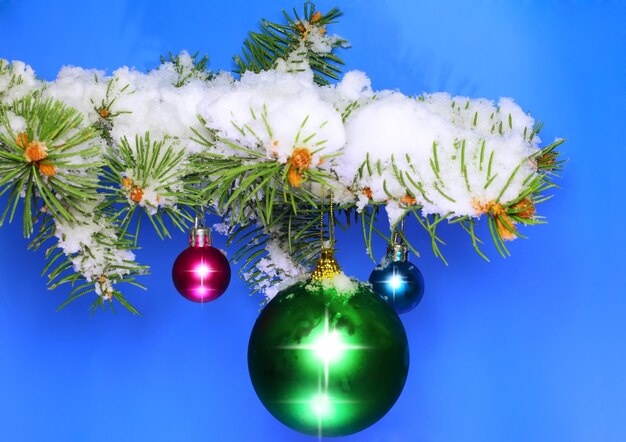 クリスマスと新年の装飾-本物の雪に覆われたモミの枝を持つボール。青い背景に