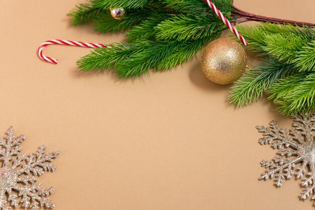 christmas and new year decorations on a beige background with free space for text