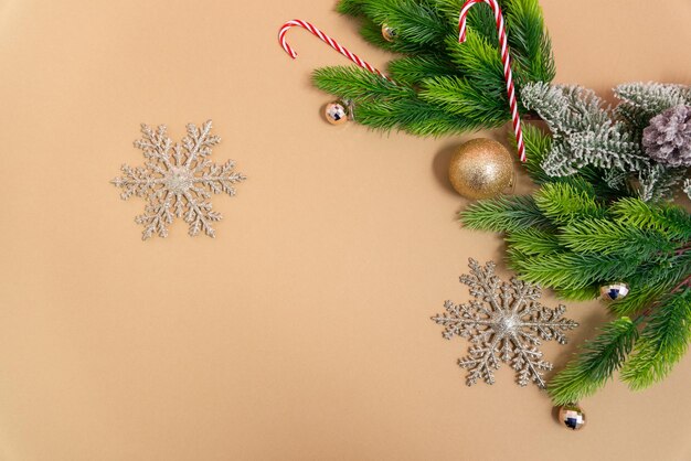 christmas and new year decorations on a beige background with free space for text