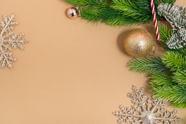 christmas and new year decorations on a beige background with free space for text