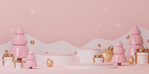 Christmas and New Year festival with realistic round podium studio with stand to show product Stage showcase in pink background 3d render illustration