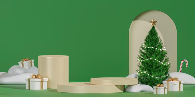 Christmas and New Year festival with realistic round podium studio with stand to show product Stage showcase in pink background 3d render illustration